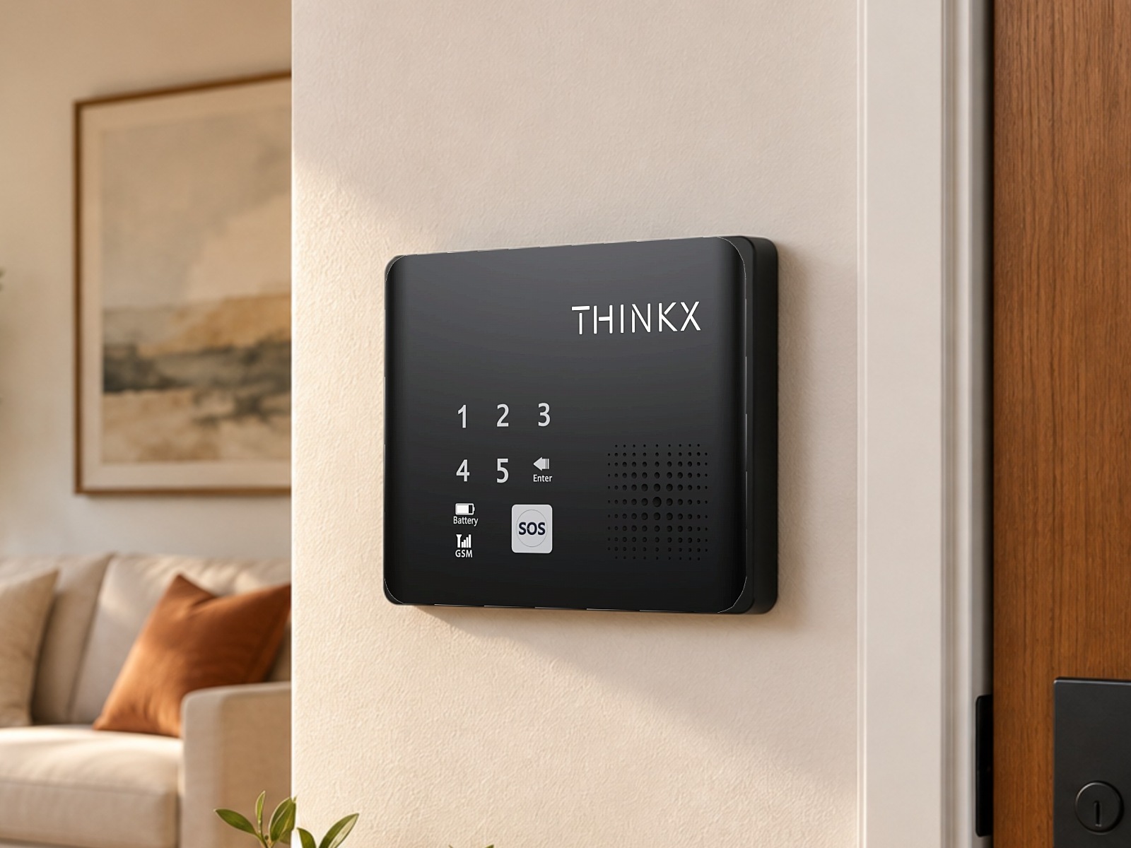 Xtouch Protect panel mounted on the entrance wall of a bright living room, beside the main door