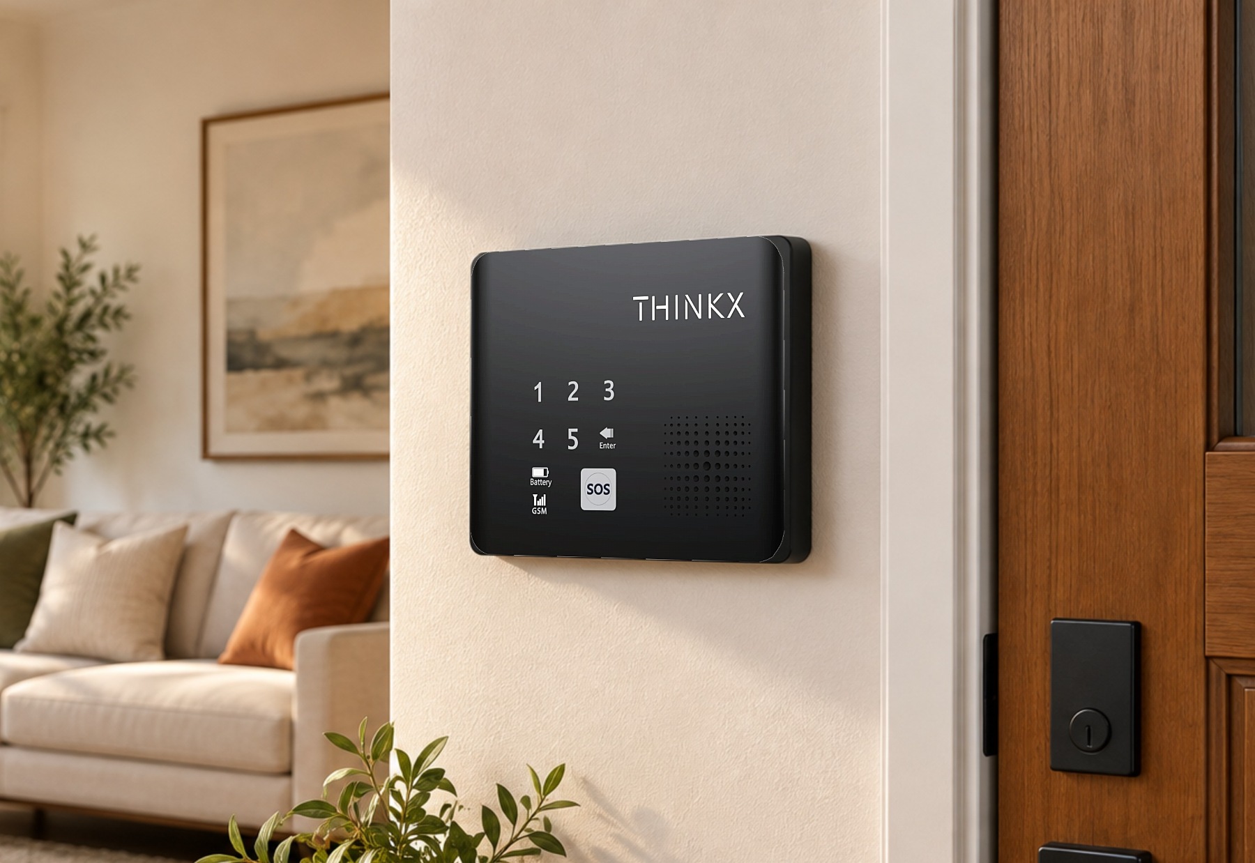 Xtouch Protect panel mounted on the entrance wall of a bright living room, beside the main door