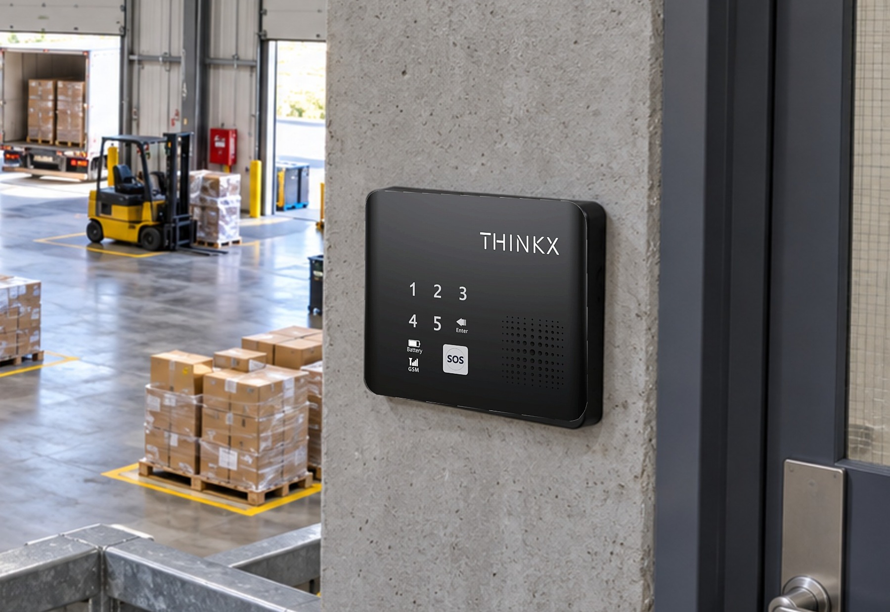 Xtouch Protect panel mounted on a concrete pillar overlooking a busy warehouse floor with loading bays
